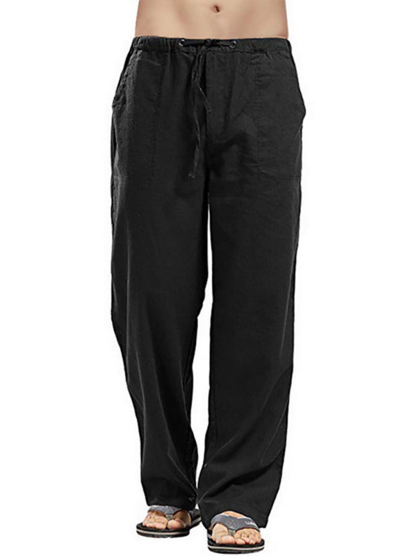 Men's Solid Color Linen Blend Drawstring Pants - K - 9 COLORS -