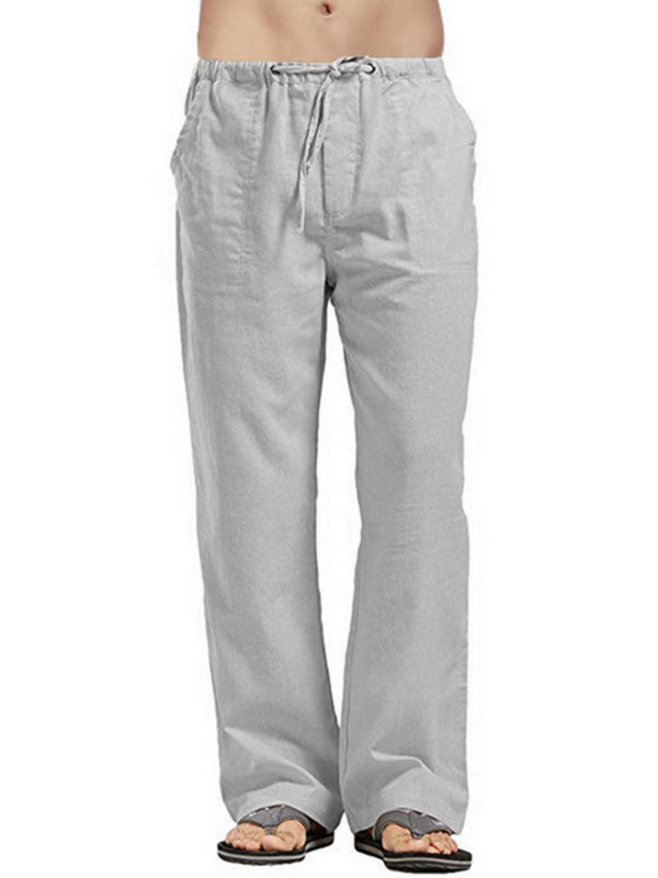 Men's Solid Color Linen Blend Drawstring Pants - K - 9 COLORS -