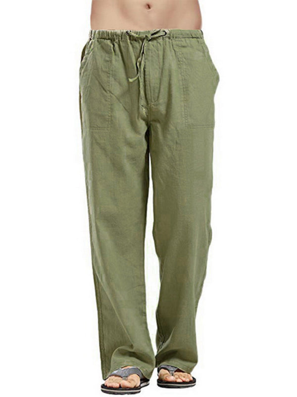 Men's Solid Color Linen Blend Drawstring Pants - K - 9 COLORS -