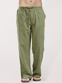 Thumbnail for Men's Solid Color Linen Blend Drawstring Pants - K - 9 COLORS -