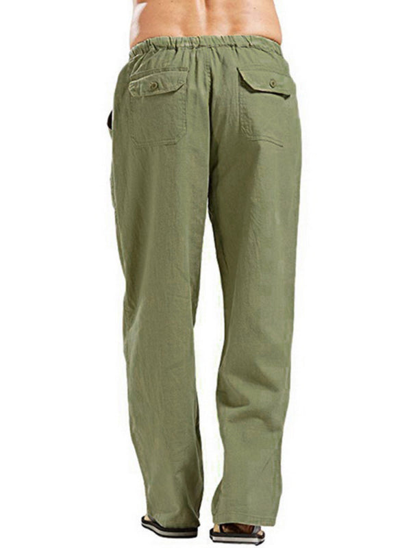 Men's Solid Color Linen Blend Drawstring Pants - K - 9 COLORS -