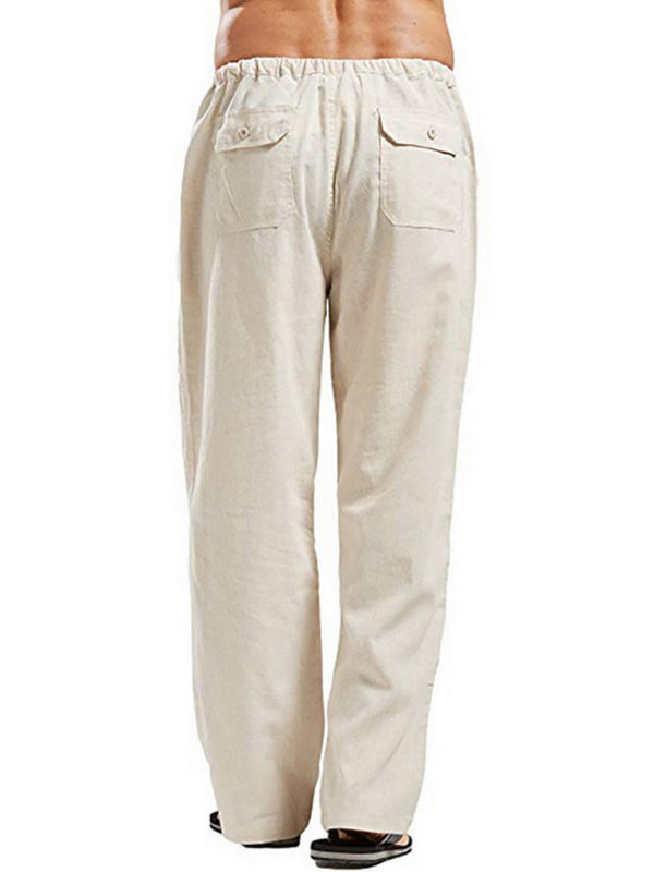 Men's Solid Color Linen Blend Drawstring Pants - K - 9 COLORS -