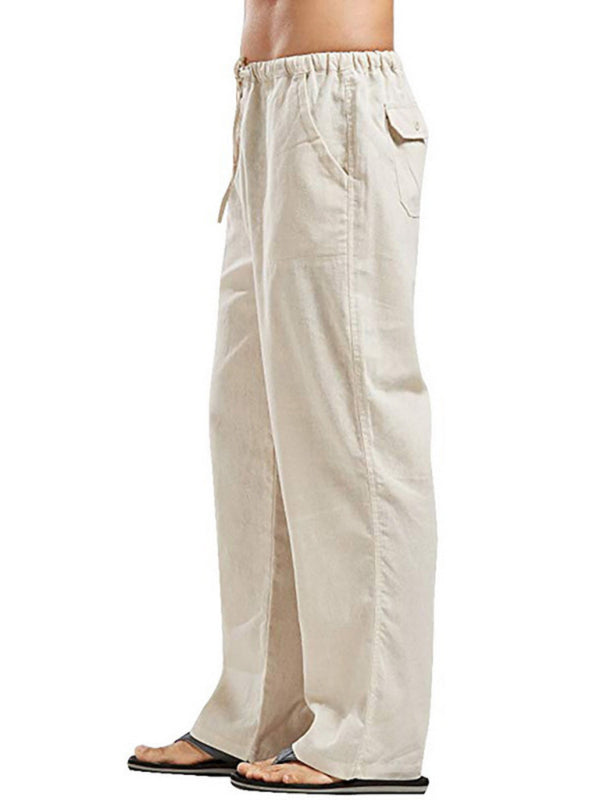 Men's Solid Color Linen Blend Drawstring Pants - K - 9 COLORS -