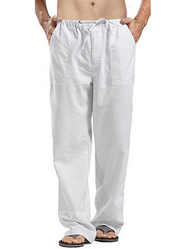 Men's Solid Color Linen Blend Drawstring Pants - K - 9 COLORS -