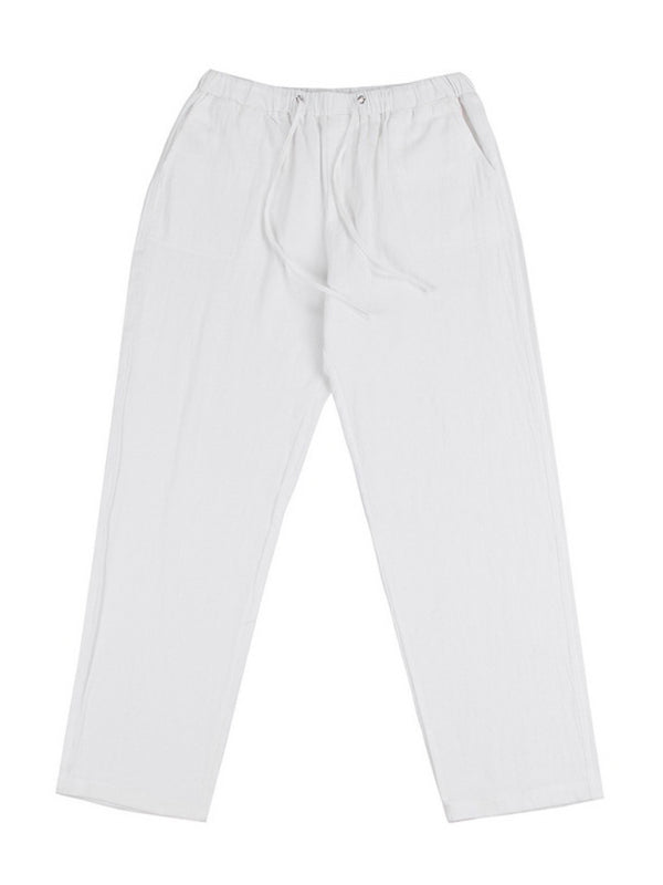 Men's Solid Color Linen Blend Drawstring Pants - K - 9 COLORS -