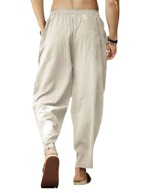 Men's casual loose cotton and linen drawstring lantern pencil pants - K - 7 COLORS -