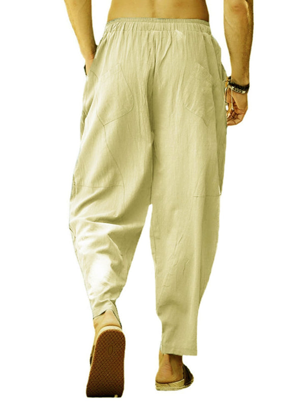 Men's casual loose cotton and linen drawstring lantern pencil pants - K - 7 COLORS -