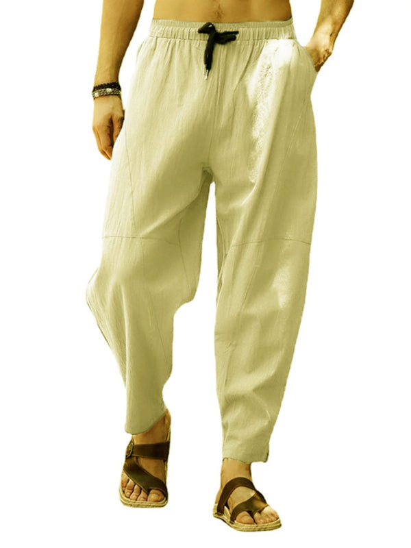 Men's casual loose cotton and linen drawstring lantern pencil pants - K - 7 COLORS -