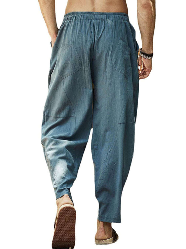 Men's casual loose cotton and linen drawstring lantern pencil pants - K - 7 COLORS -