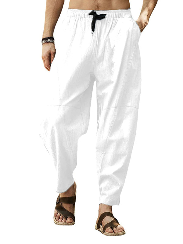 Men's casual loose cotton and linen drawstring lantern pencil pants - K - 7 COLORS -