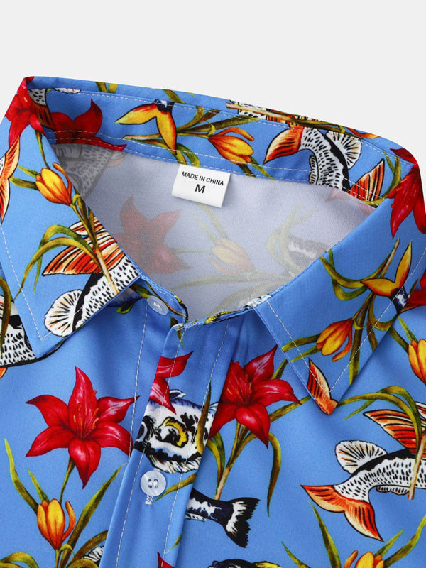 Men's Floral Print Design Sleeve Beach Vacation Shirt - K - 4 PATTERNS -