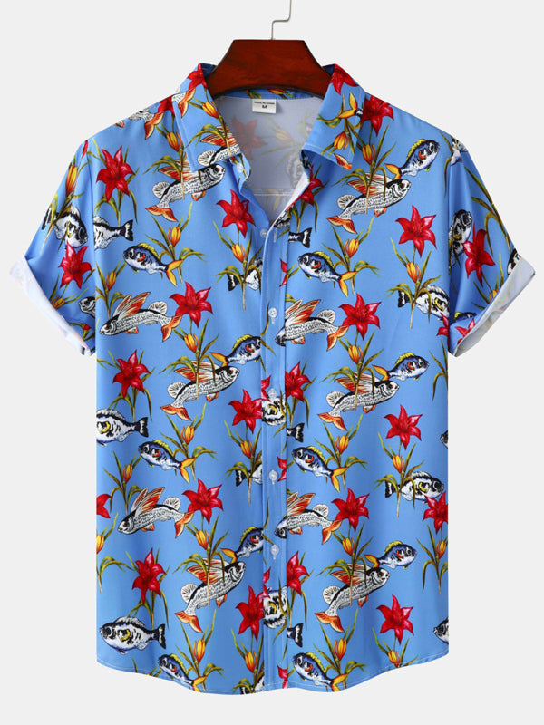 Men's Floral Print Design Sleeve Beach Vacation Shirt - K - 4 PATTERNS -