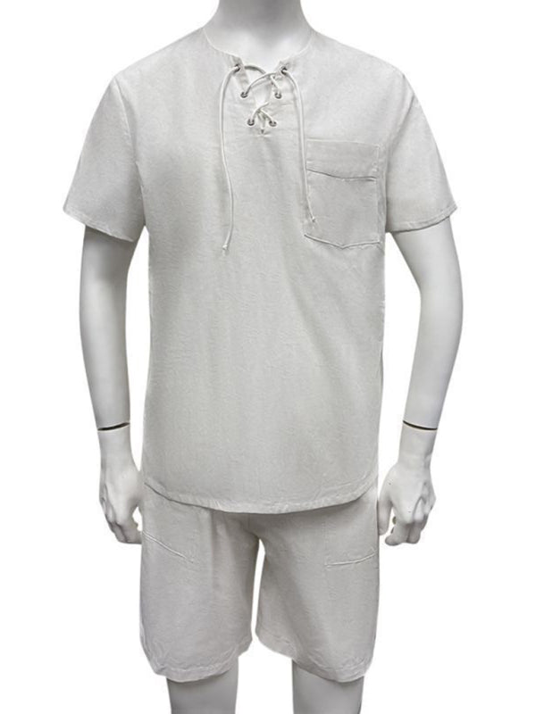 Men's new casual solid color lace-up beach cotton and linen set - 2 PCS. - K - 2 COLORS -