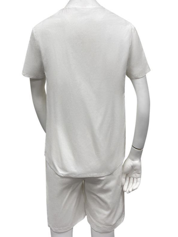 Men's new casual solid color lace-up beach cotton and linen set - 2 PCS. - K - 2 COLORS -