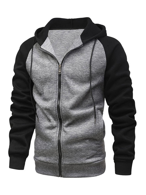 Jacket Contrasting color zipper cardigan plus fleece hoodie men's clothing - K - 5 COLORS -