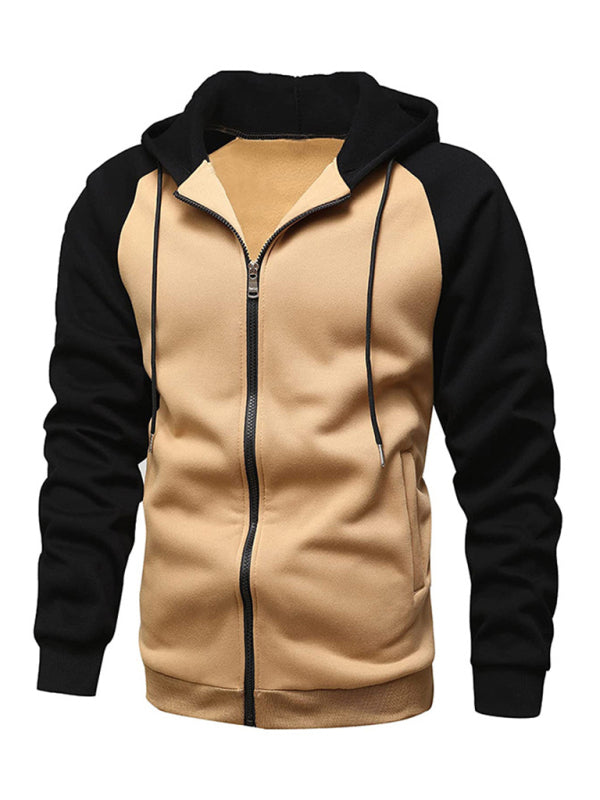 Jacket Contrasting color zipper cardigan plus fleece hoodie men's clothing - K - 5 COLORS -