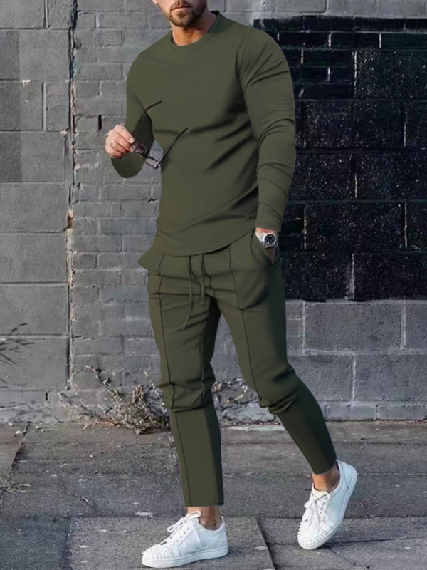 Men's Two-piece Set Round Neck Long Sleeve T-Shirt & Trousers Casual Sports Set - 2 PCS - K - 6 COLORS -