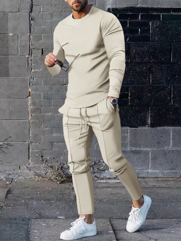 Men's Two-piece Set Round Neck Long Sleeve T-Shirt & Trousers Casual Sports Set - 2 PCS - K - 6 COLORS -