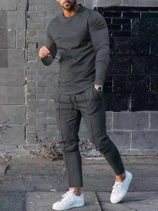 Men's Two-piece Set Round Neck Long Sleeve T-Shirt & Trousers Casual Sports Set - 2 PCS - K - 6 COLORS -