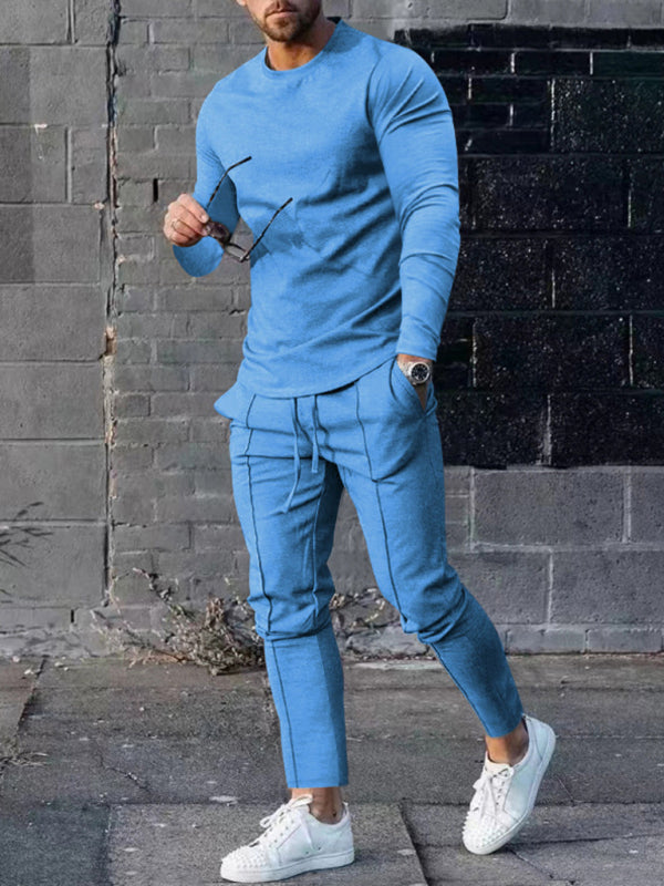 Men's Two-piece Set Round Neck Long Sleeve T-Shirt & Trousers Casual Sports Set - 2 PCS - K - 6 COLORS -