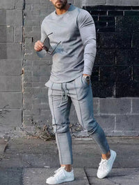 Thumbnail for Men's Two-piece Set Round Neck Long Sleeve T-Shirt & Trousers Casual Sports Set - 2 PCS - K - 6 COLORS -