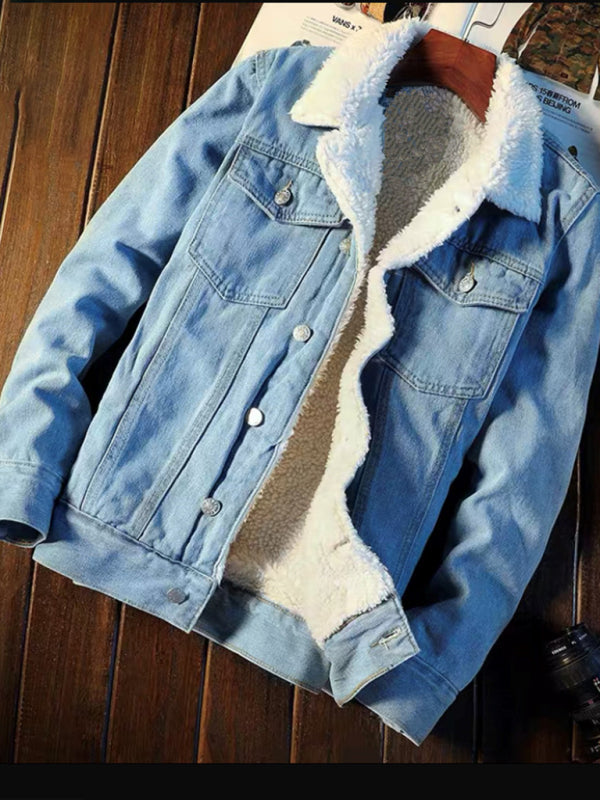 Men's warm sherpa button lapel denim jacket - K - 2 COLORS -