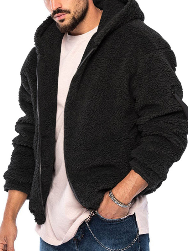 Men's double-sided arctic velvet hooded solid color warm zipper jacket - K - 4 COLORS -