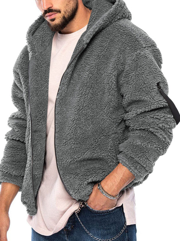 Men's double-sided arctic velvet hooded solid color warm zipper jacket - K - 4 COLORS -