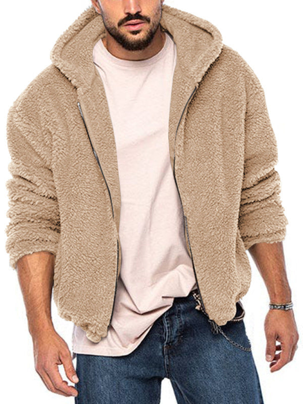 Men's double-sided arctic velvet hooded solid color warm zipper jacket - K - 4 COLORS -