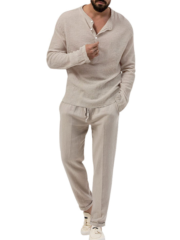 Men's new solid color casual long-sleeved shirt and Pants set - 2 PCS. - K - 6 COLORS -