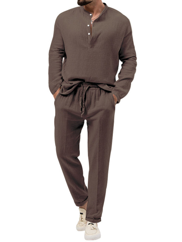 Men's new solid color casual long-sleeved shirt and Pants set - 2 PCS. - K - 6 COLORS -