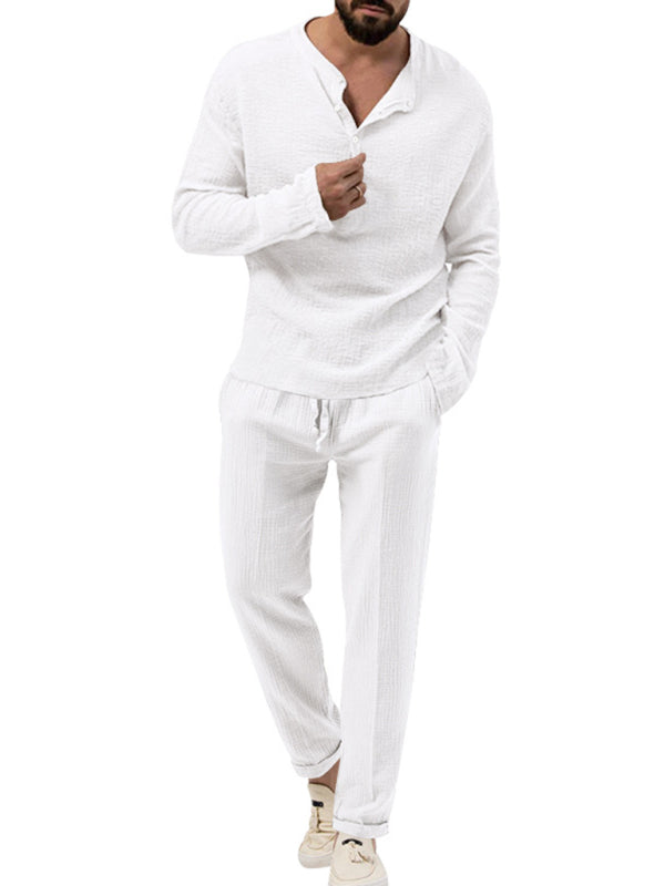 Men's new solid color casual long-sleeved shirt and Pants set - 2 PCS. - K - 6 COLORS -