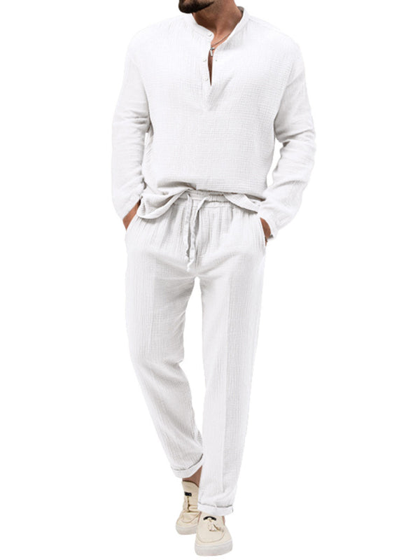 Men's new solid color casual long-sleeved shirt and Pants set - 2 PCS. - K - 6 COLORS -