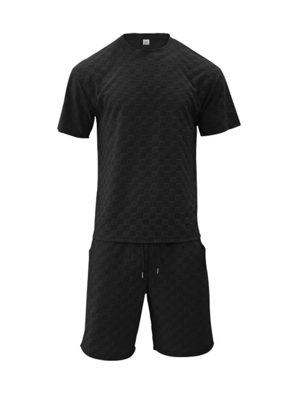 Men's jacquard checkerboard spring and summer loose sports and leisure two-piece set - 2 PCS - K - 4 COLORS -