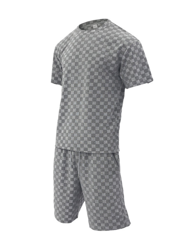 Men's jacquard checkerboard spring and summer loose sports and leisure two-piece set - 2 PCS - K - 4 COLORS -