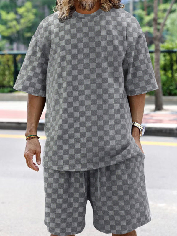 Men's jacquard checkerboard spring and summer loose sports and leisure two-piece set - 2 PCS - K - 4 COLORS -