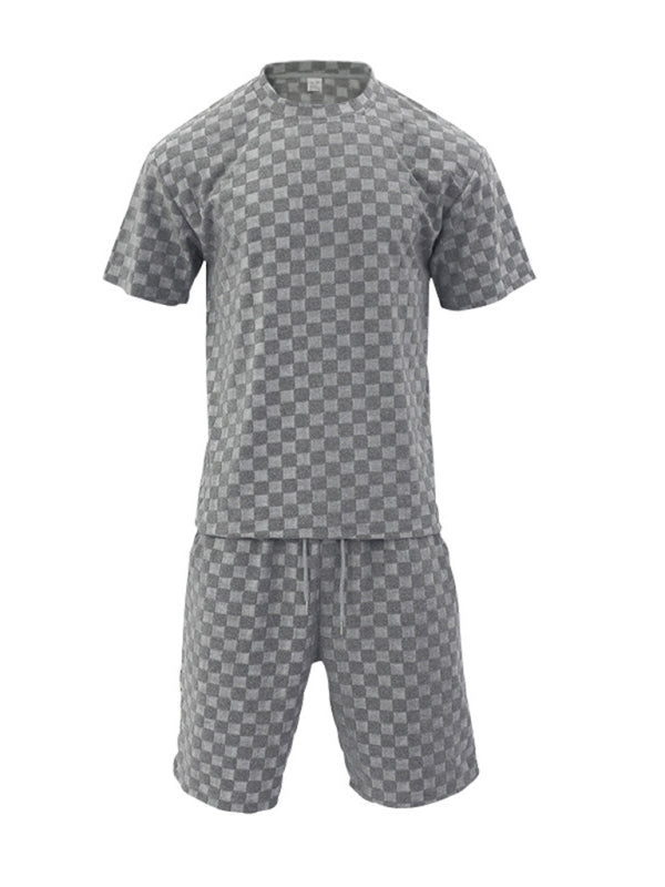 Men's jacquard checkerboard spring and summer loose sports and leisure two-piece set - 2 PCS - K - 4 COLORS -