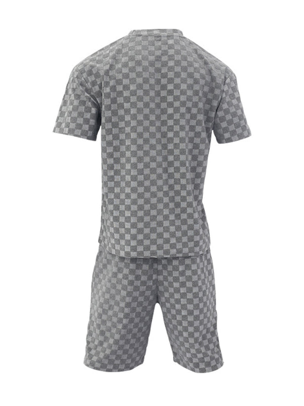 Men's jacquard checkerboard spring and summer loose sports and leisure two-piece set - 2 PCS - K - 4 COLORS -