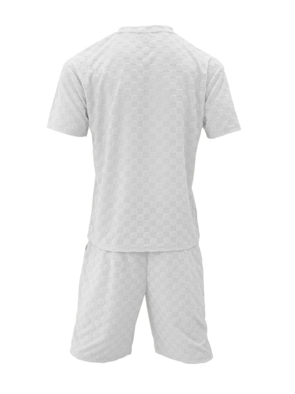 Men's jacquard checkerboard spring and summer loose sports and leisure two-piece set - 2 PCS - K - 4 COLORS -