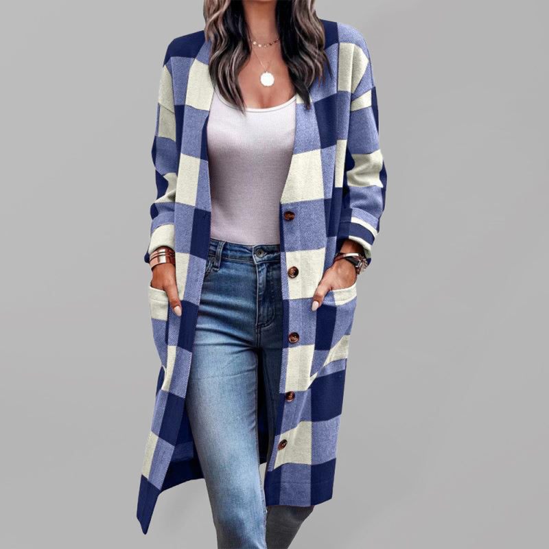 Women's Plaid Print Long Line Drop Shoulder Jacket - K - 4 COLORS -