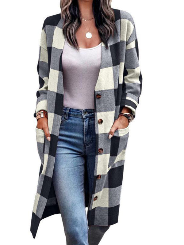 Women's Plaid Print Long Line Drop Shoulder Jacket - K - 4 COLORS -