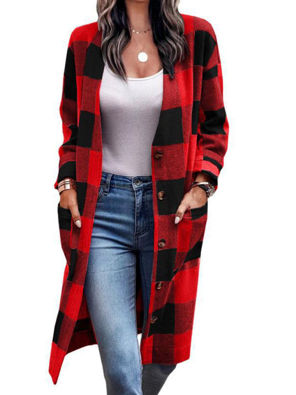 Women's Plaid Print Long Line Drop Shoulder Jacket - K - 4 COLORS -