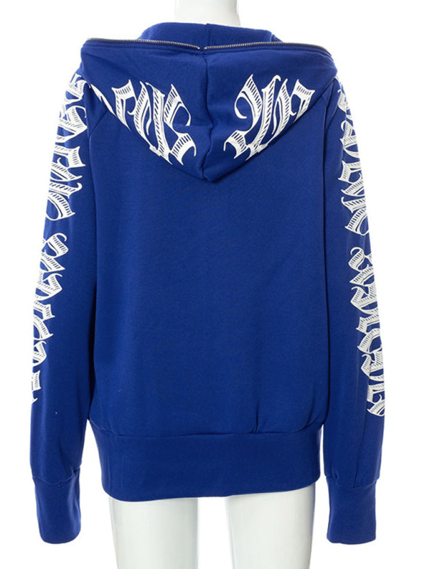 Zippered letter print hooded long-sleeved casual sweatshirt - K - 2 COLORS -