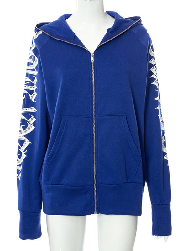 Zippered letter print hooded long-sleeved casual sweatshirt - K - 2 COLORS -