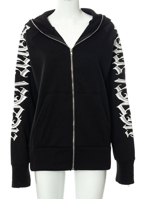 Zippered letter print hooded long-sleeved casual sweatshirt - K - 2 COLORS -