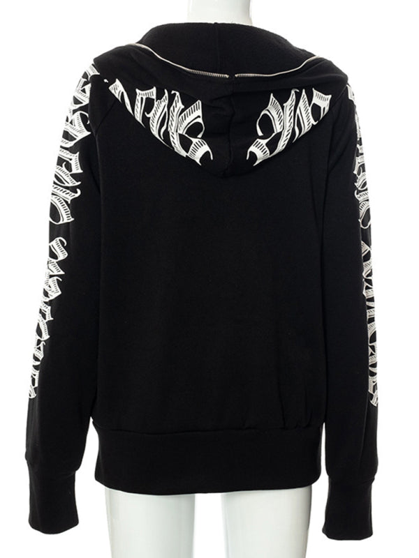 Zippered letter print hooded long-sleeved casual sweatshirt - K - 2 COLORS -