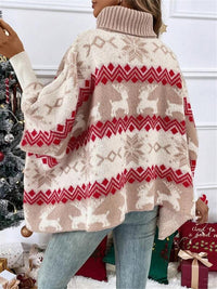 Thumbnail for Turtleneck Christmas Reindeer Contrast Pattern Bat Sleeve Sweater K - 1 COLOR -