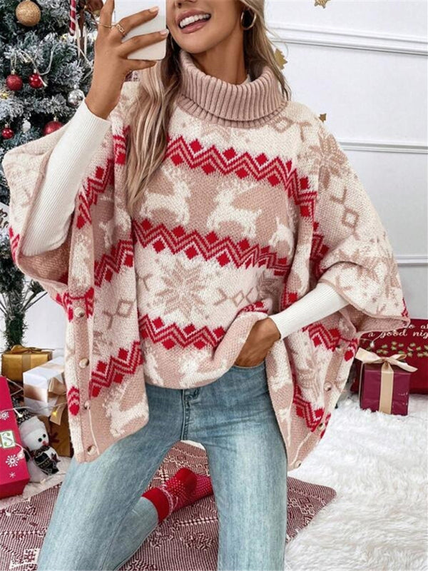 Turtleneck Christmas Reindeer Contrast Pattern Bat Sleeve Sweater K - 1 COLOR -