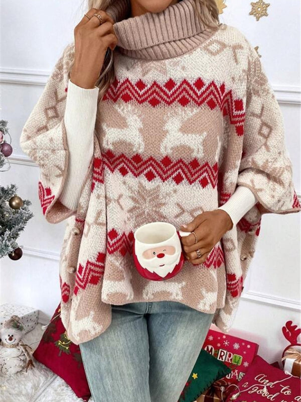 Turtleneck Christmas Reindeer Contrast Pattern Bat Sleeve Sweater K - 1 COLOR -