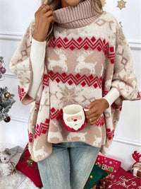 Thumbnail for Turtleneck Christmas Reindeer Contrast Pattern Bat Sleeve Sweater K - 1 COLOR -